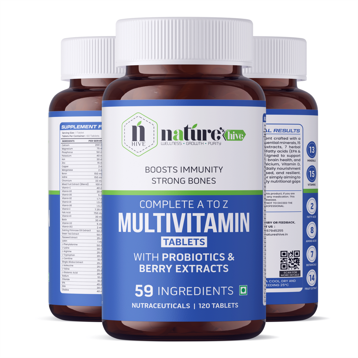Nature's Hive multivitamin tablets in a bottle, showing 60 vitamins and minerals supplement tablets for daily health.