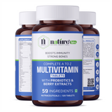Nature's Hive multivitamin tablets in a bottle, showing 60 vitamins and minerals supplement tablets for daily health.