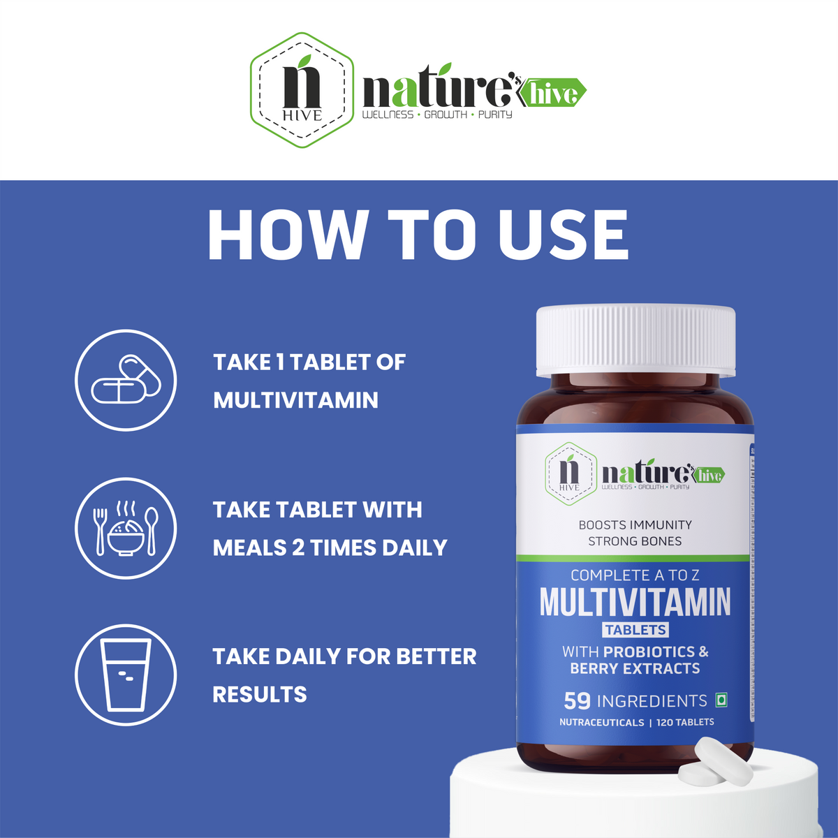Nature's Hive multivitamin tablets in a bottle, showing 60 vitamin and mineral supplement tablets for daily health support