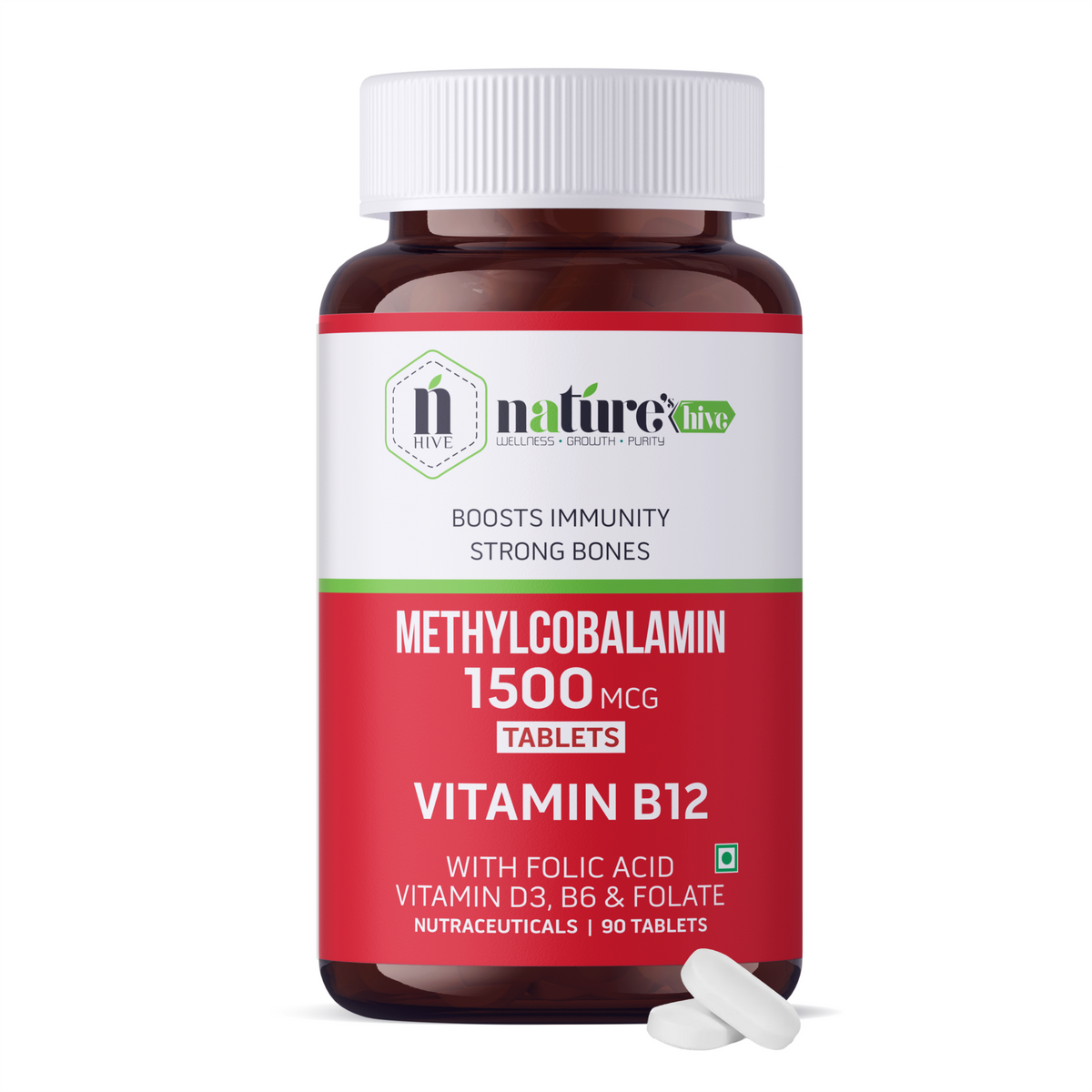 Nature's Hive Vitamin B12 1500 mcg tablets, dietary supplement in a container, daily vitamins and minerals for energy support