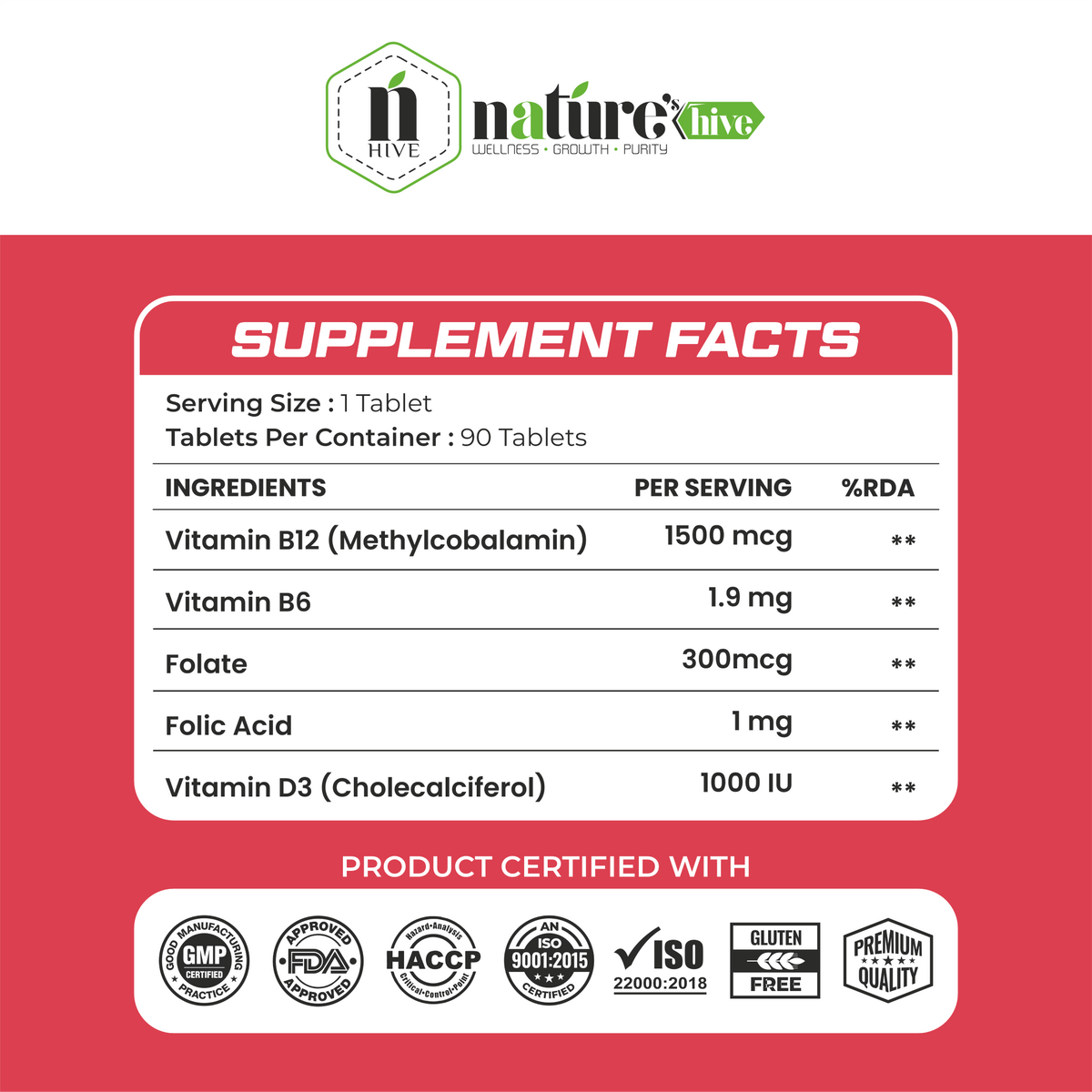 Nature's Hive Vitamin B12 1500 mcg tablets showing a bottle of 60 vitamin B12 supplement tablets for energy and health.