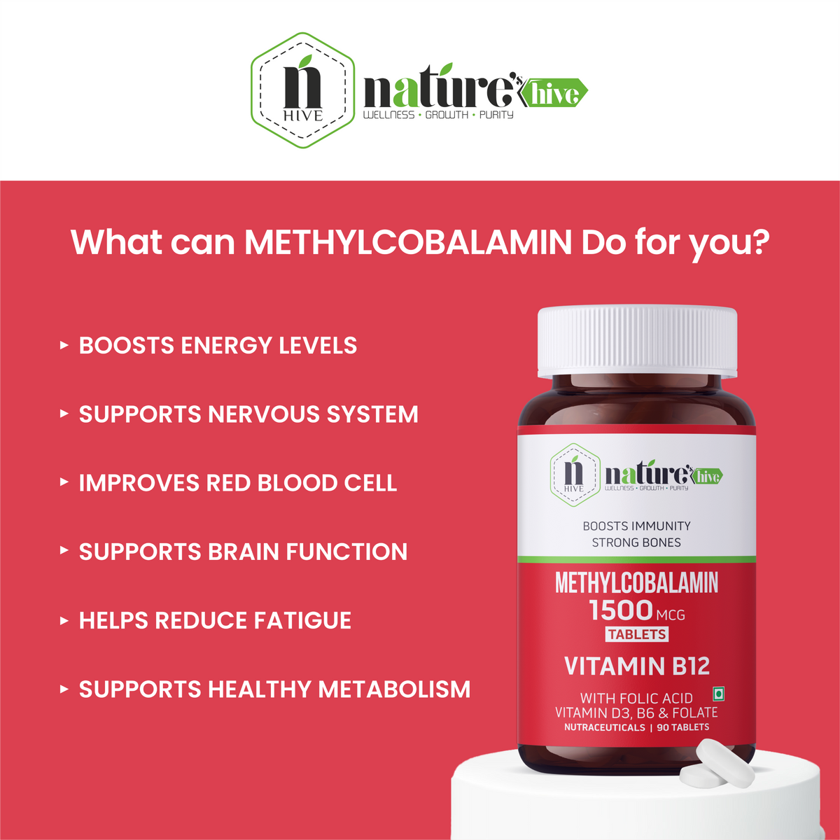 Nature's Hive Vitamin B12 1500 mcg tablets, dietary supplement bottles with 60 tablets, natural vitamins and minerals.