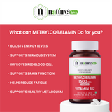 Nature's Hive Vitamin B12 1500 mcg tablets, dietary supplement bottles with 60 tablets, natural vitamins and minerals.