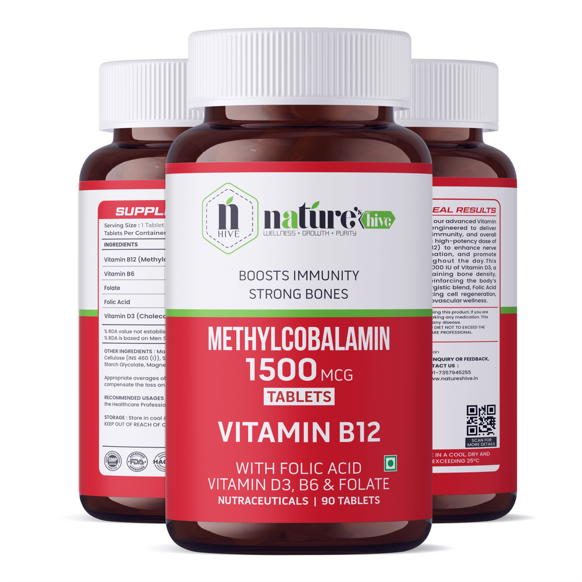 Nature's Hive Vitamin B12 1500 mcg tablets, 60-count bottle, dietary supplement for energy and nerve health.