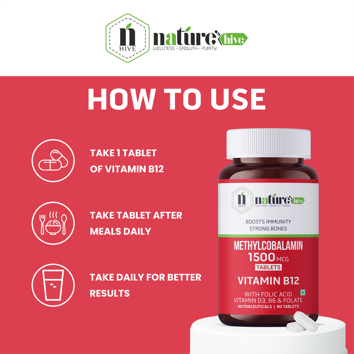 Nature's Hive Vitamin B12 1500 mcg tablets, a bottle of 60 supplements for energy and daily nutritional support.
