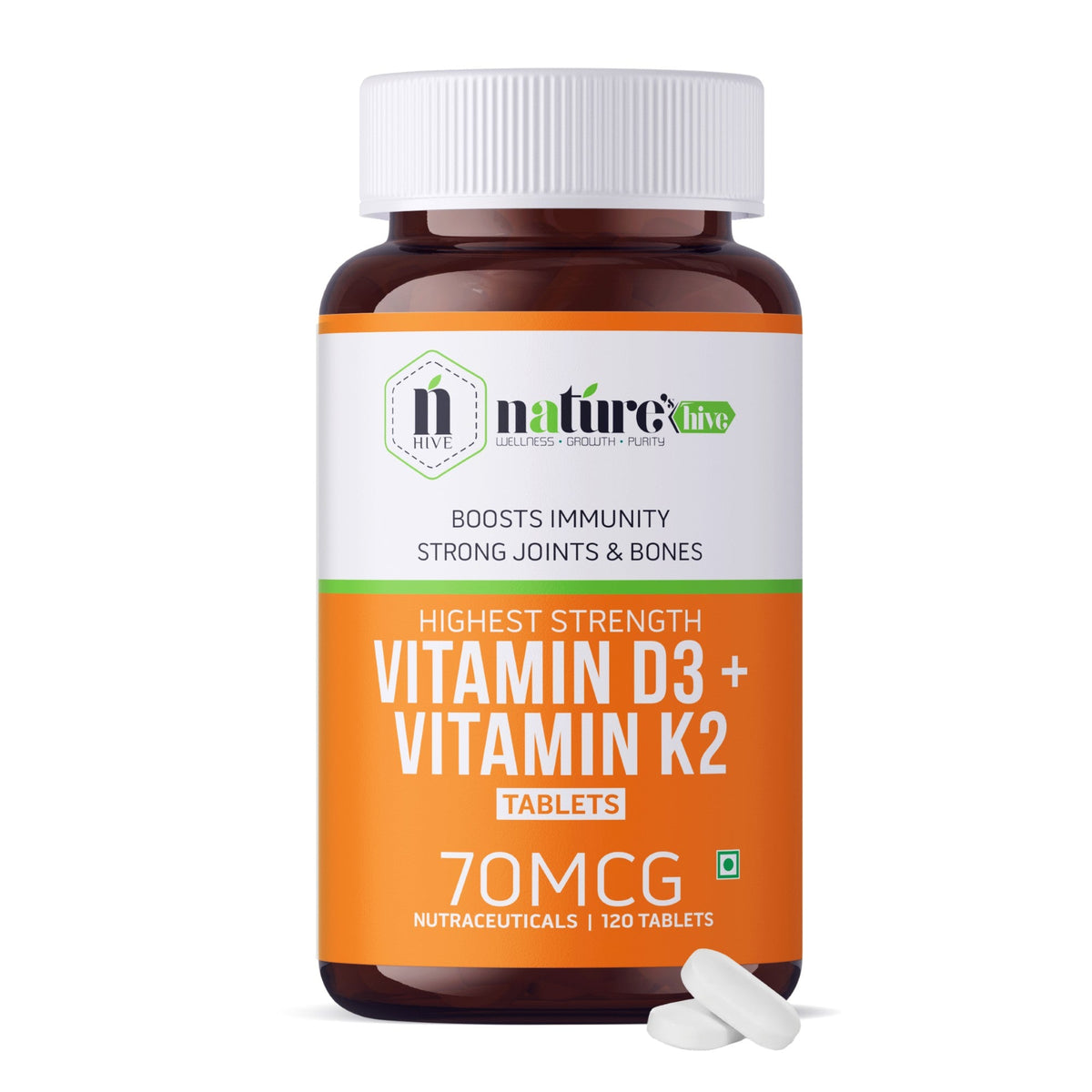 Nature's Hive Vitamin D3 + K2 Tablets, 60-count bottles, showing the supplement tablets in a bottle with label detail.