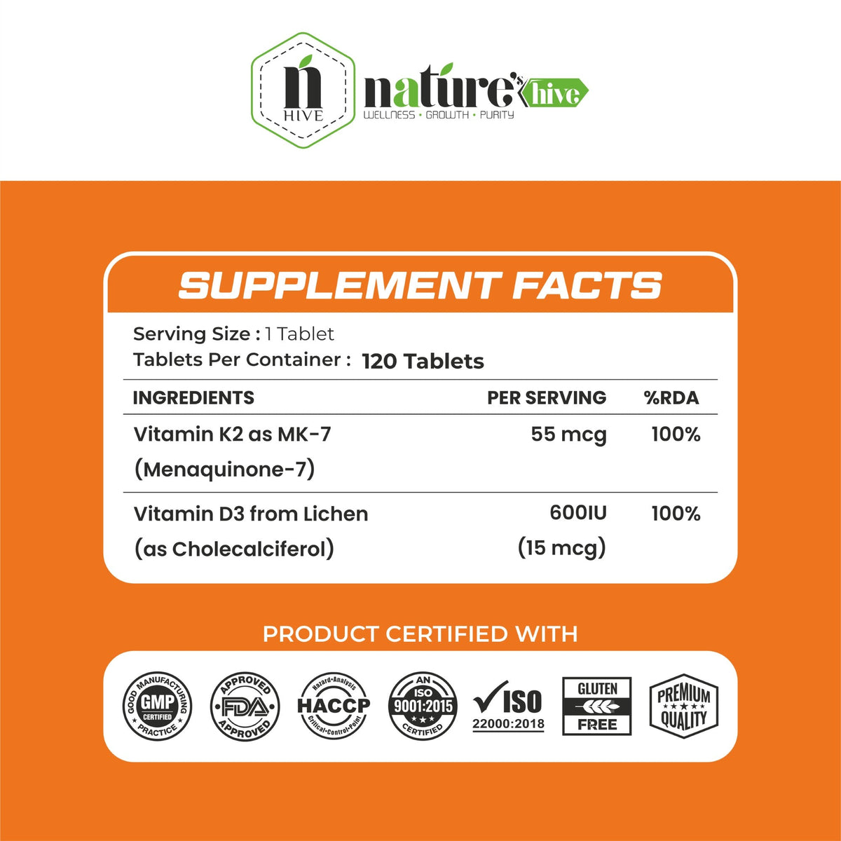 Nature's Hive Vitamin D3 + K2 tablets in a bottle, supplement for bone health, 60 tablets, natural vitamins and minerals.