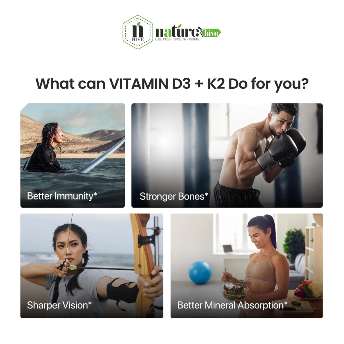 Nature's Hive Vitamin D3 + K2 tablets, 60-count, dietary supplement in blister pack, designed for bone and immune health.
