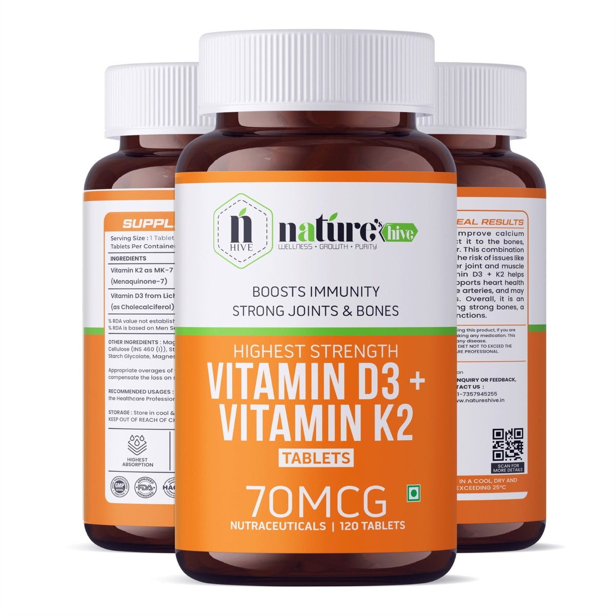 Nature's Hive Vitamin D3 + K2 Tablets, 60-count, dietary supplement bottles showing the packaging and tablets inside