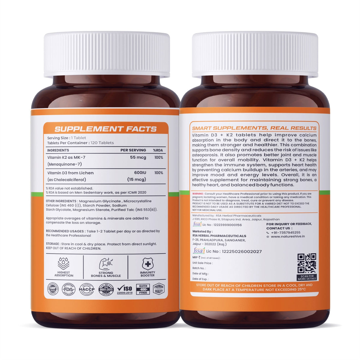 Nature's Hive Vitamin D3 + K2 tablets, 60 count, supplement for bone health, shown in a white bottle with tablets inside.