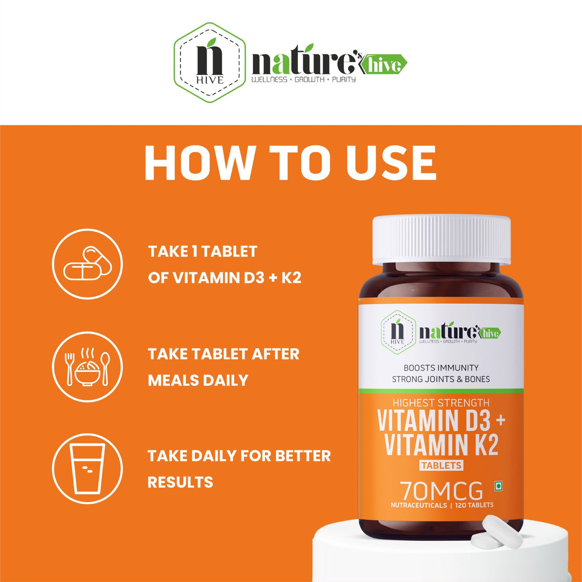 Nature's Hive Vitamin D3 + K2 tablets, 60-count bottles, showing the supplement tablets and packaging.