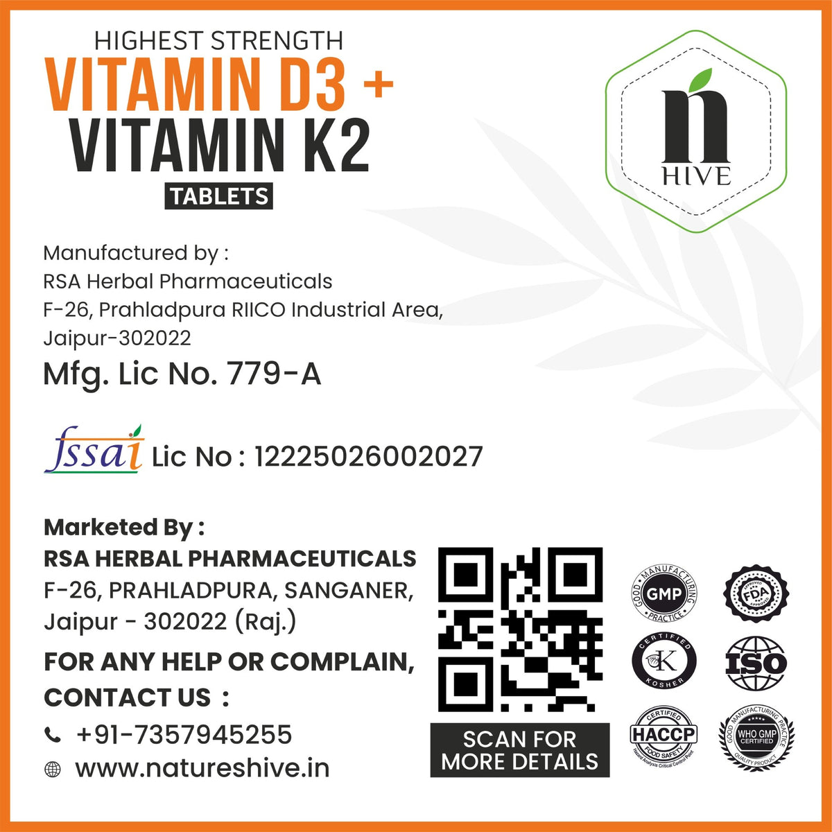 Nature's Hive Vitamin D3 + K2 Tablets, 60-count, bottles of dietary vitamins and minerals for bone and immune health.