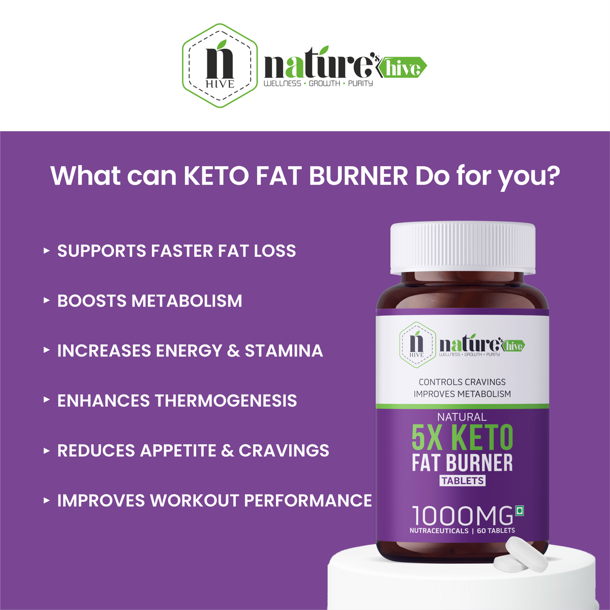 Nature's Hive Fat Burner Tablets, weight management supplement showing 60 tablets in a natural setting.
