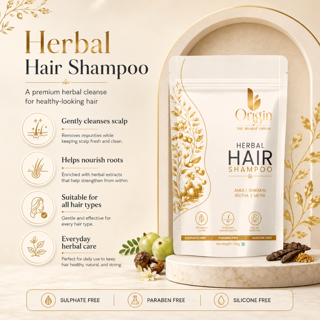 The Bharat Origin Herbal Hair Shampoo with amla, shikakai, and reetha in a 100g bottle, designed for natural hair care.