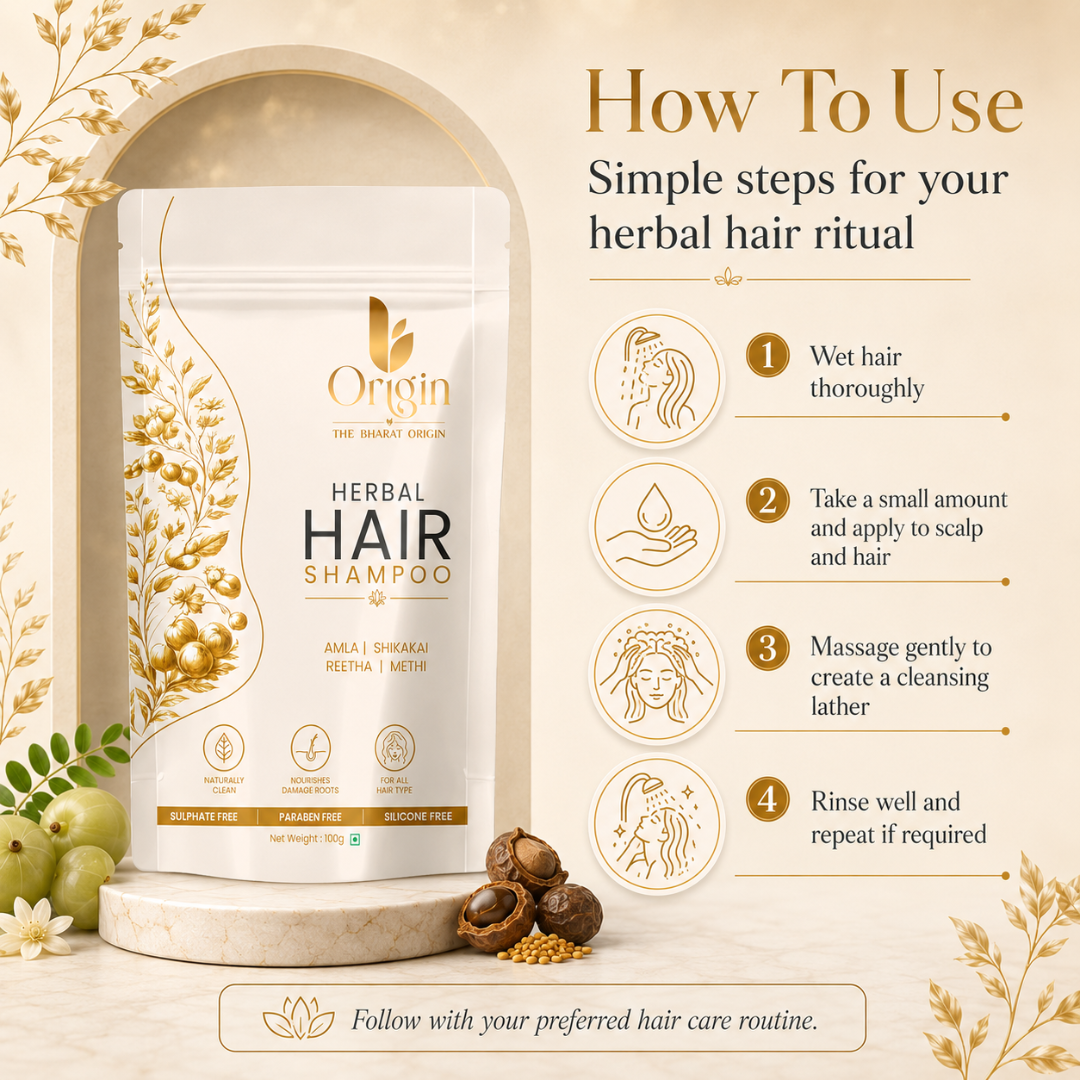 The Bharat Origin Herbal Hair Shampoo with Amla, Shikakai, and Reetha in a 100g bottle, natural herbal hair care product.