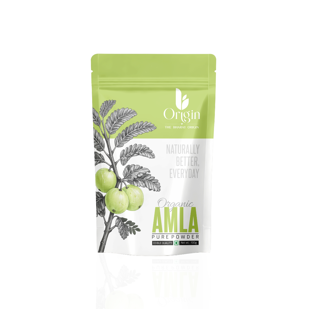 Organic Amla powder by The Bharat Origin in a 100g package, showing the herbal powder in a resealable bag.