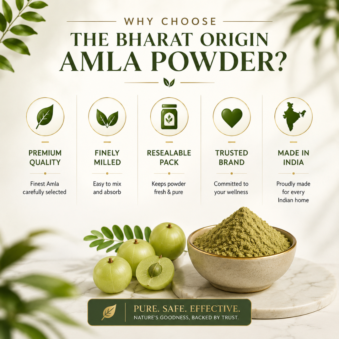 Organic Amla Powder by The Bharat Origin, 100g, in natural herbal powder form with vibrant green color.