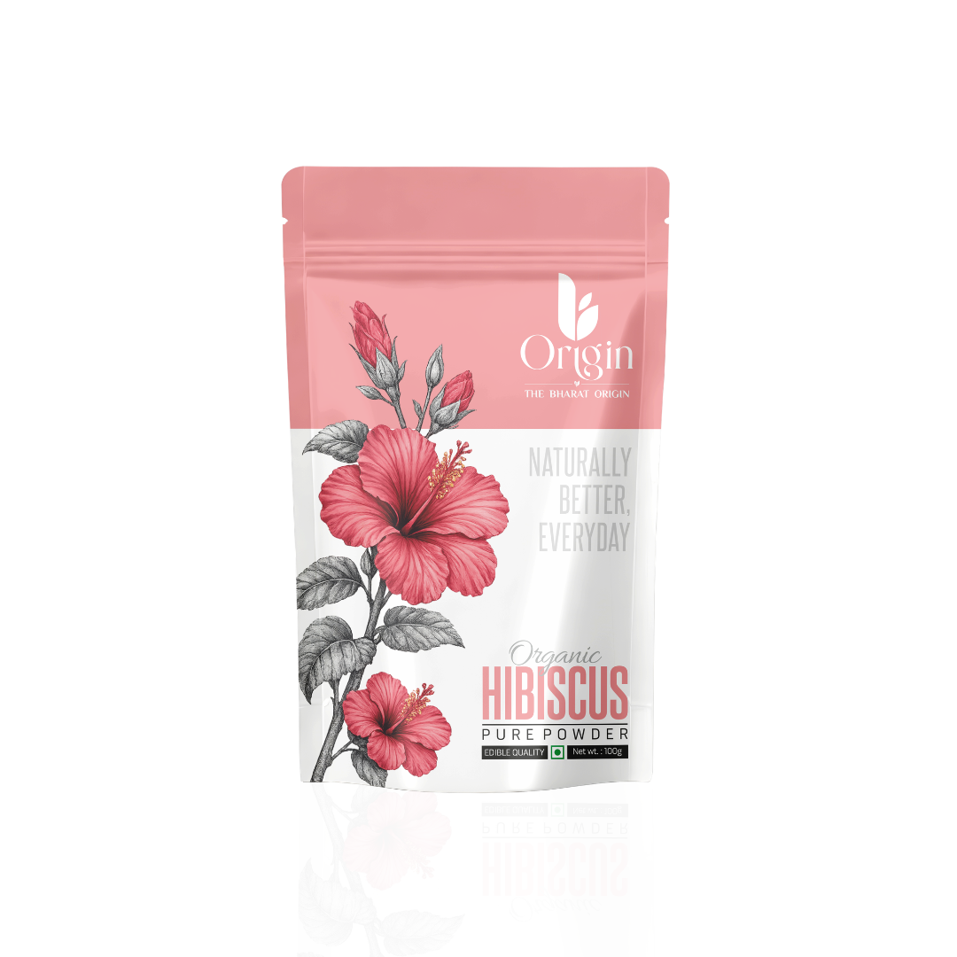 Organic Hibiscus Powder by The Bharat Origin, 100g, in a clear container showcasing vibrant red hibiscus herbal powder.