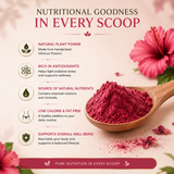 Organic herbal hibiscus powder from The Bharat Origin, 100g, in a clear resealable bag showing vibrant red hibiscus flower petals.