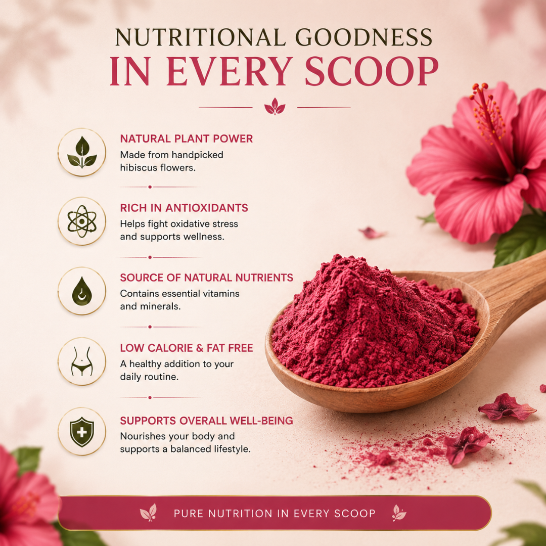 Organic herbal hibiscus powder from The Bharat Origin, 100g, in a clear resealable bag showing vibrant red hibiscus flower petals.