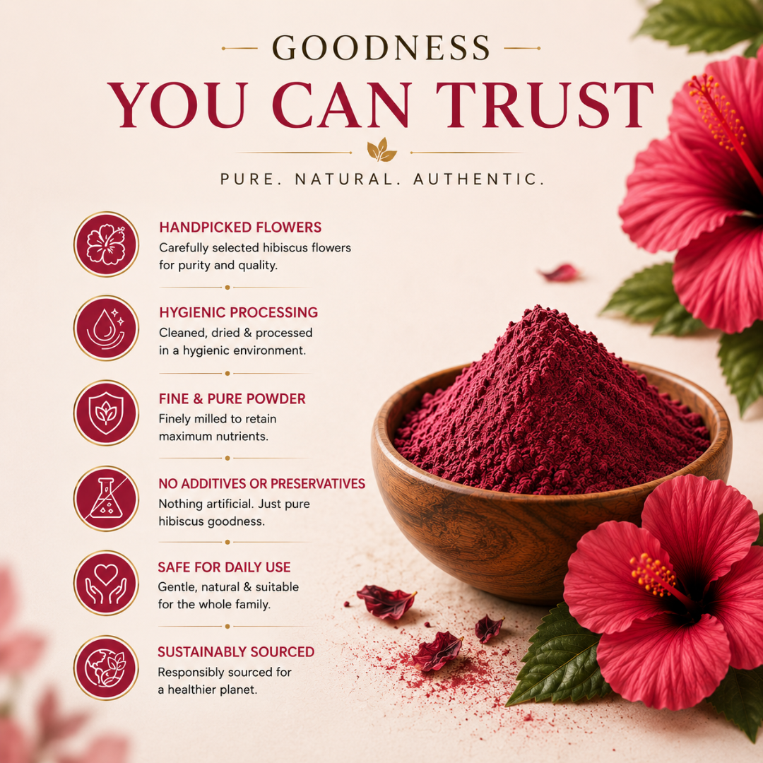 Organic herbal hibiscus powder from The Bharat Origin, 100g jar with vibrant red hibiscus flower petals and powder inside.