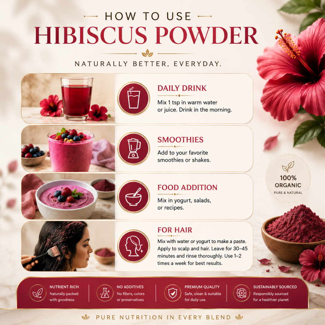 Organic herbal hibiscus powder by The Bharat Origin, 100g, showing vibrant red hibiscus flower petals in a natural setting.