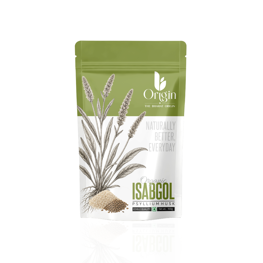 Organic herbal powder of Isabgol Psyllium Husk from The Bharat Origin in a 100g package, displayed in a clear, resealable bag.
