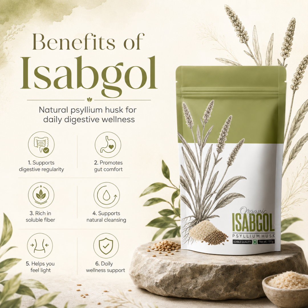 Organic Isabgol Psyllium Husk herbal powder from The Bharat Origin in a 100g package, showing the fine, light-colored husk powder.