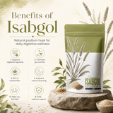 Organic Isabgol Psyllium Husk herbal powder from The Bharat Origin in a 100g package, showing the fine, light-colored husk powder.