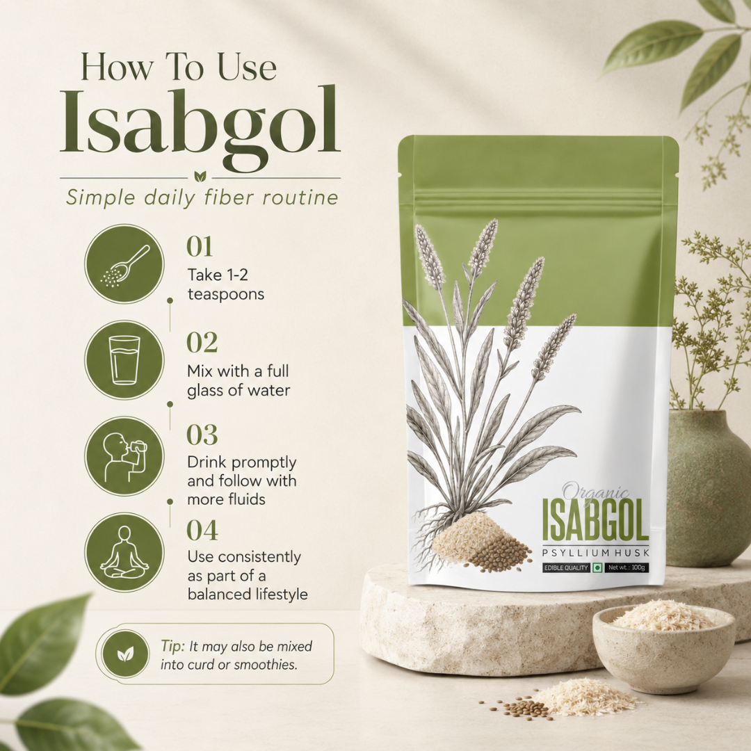 Organic herbal powder of Isabgol Psyllium Husk by The Bharat Origin, in a 100g package, showing the herbal powder in a clear container.
