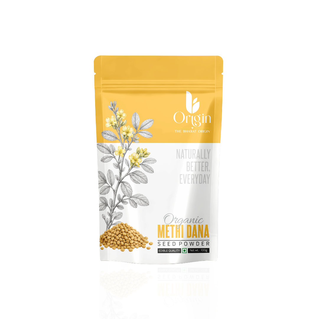 Organic Bharat Origin Methi Dana Seed Powder in a clear container, showing the finely ground herbal powder for cooking and health.