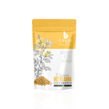 Organic Bharat Origin Methi Dana Seed Powder in a clear container, showing the finely ground herbal powder for cooking and health.