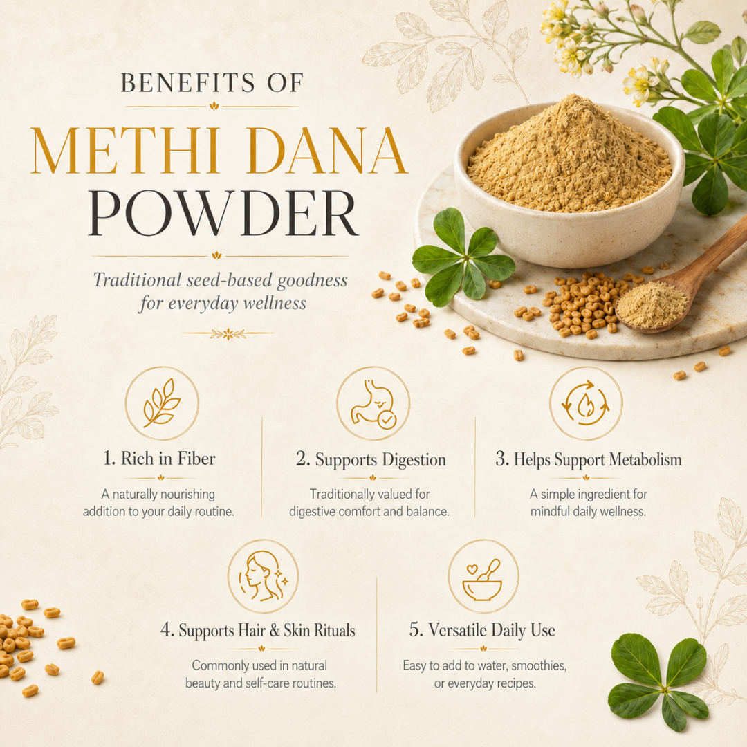 Organic Methi Dana Seed Powder by The Bharat Origin in a 100g package, showing the herbal powder in a clear container.