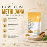 Organic The Bharat Origin Methi Dana Seed Powder in a clear jar, showing fine greenish herbal powder for cooking and health benefits.