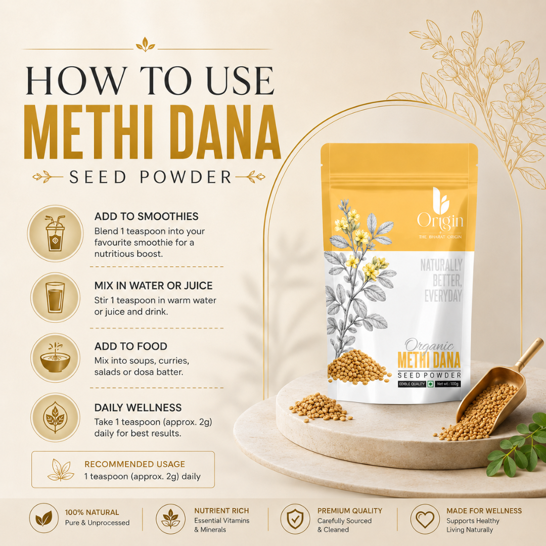 Organic The Bharat Origin Methi Dana Seed Powder in a clear jar, showing fine greenish herbal powder for cooking and health benefits.
