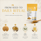 Organic Bharat Origin Methi Dana Seed Powder in a clear jar, showing the finely ground herbal powder inside.