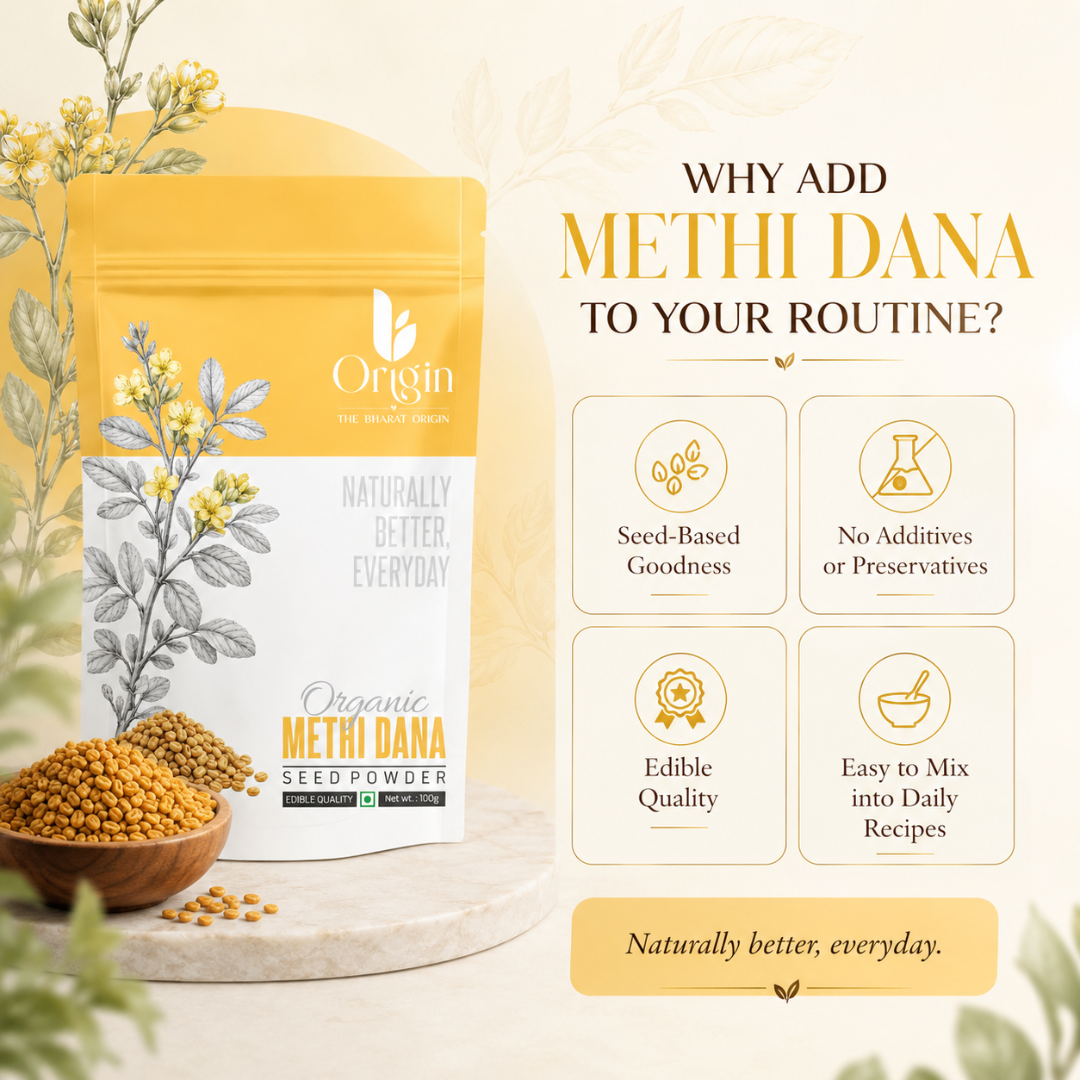 Organic Methi Dana Seed Powder by The Bharat Origin, 100g, showing the herbal powder in a clear container.