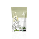 Organic Moringa Leaf Powder from The Bharat Origin, 100g, featuring vibrant green herbal powder in a resealable bag.
