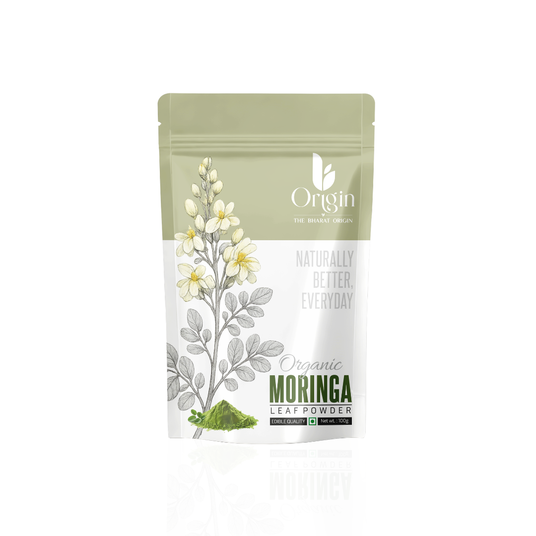 Organic Moringa Leaf Powder from The Bharat Origin, 100g, featuring vibrant green herbal powder in a resealable bag.