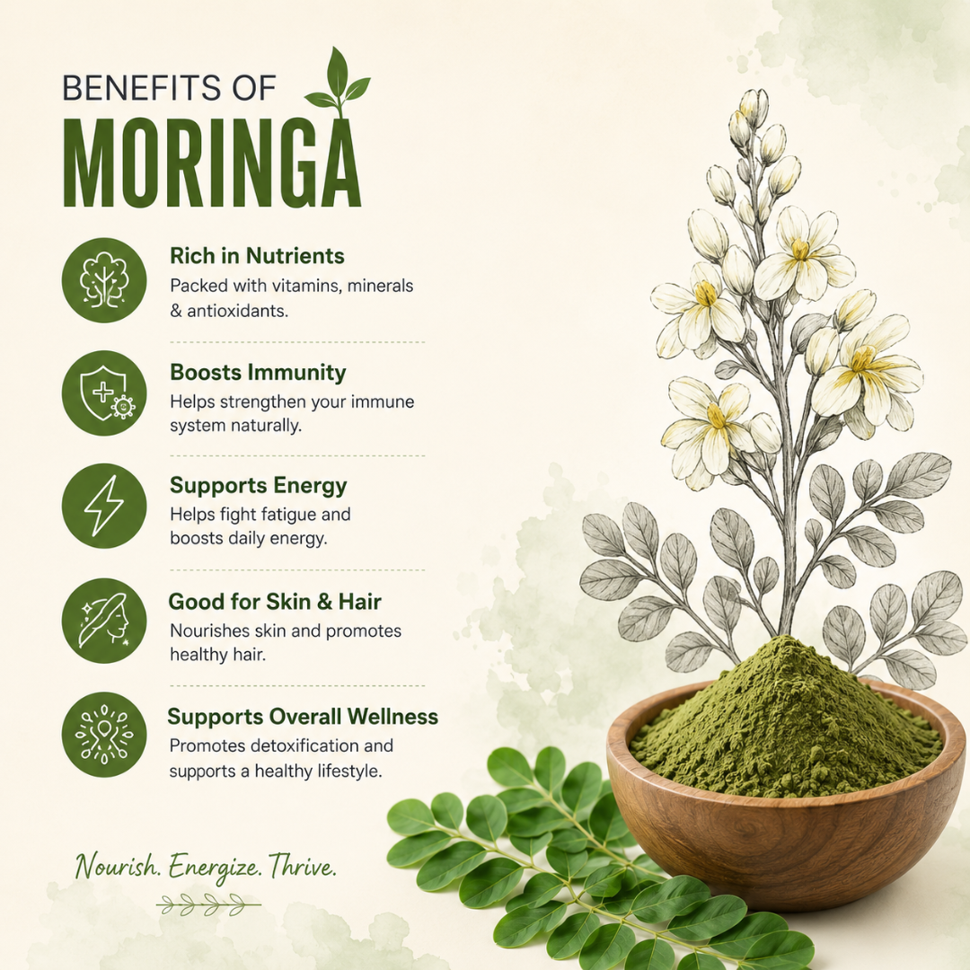 Organic Moringa Leaf Powder by The Bharat Origin, 100g, shown in a clear container with vibrant green powder inside.