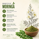 Organic Moringa Leaf Powder by The Bharat Origin, 100g, shown in a clear container with vibrant green powder inside.