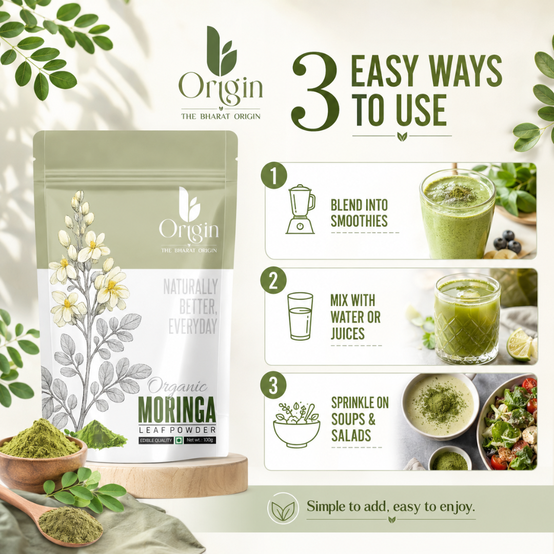 Organic Moringa Leaf Powder by The Bharat Origin, 100g, showcasing vibrant green herbal powder in a clear container.