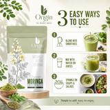 Organic Moringa Leaf Powder by The Bharat Origin, 100g, showcasing vibrant green herbal powder in a clear container.