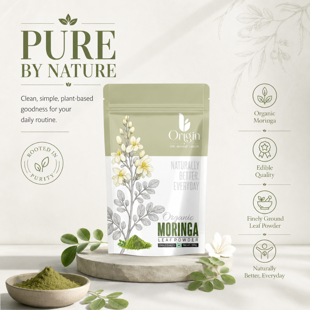 Organic Moringa Leaf Powder by The Bharat Origin, 100g, in a clear container showing vibrant green powder.