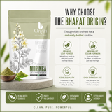 Organic Moringa Leaf Powder by The Bharat Origin, 100g, in a clear plastic bag showing vibrant green powdered herbal supplement.
