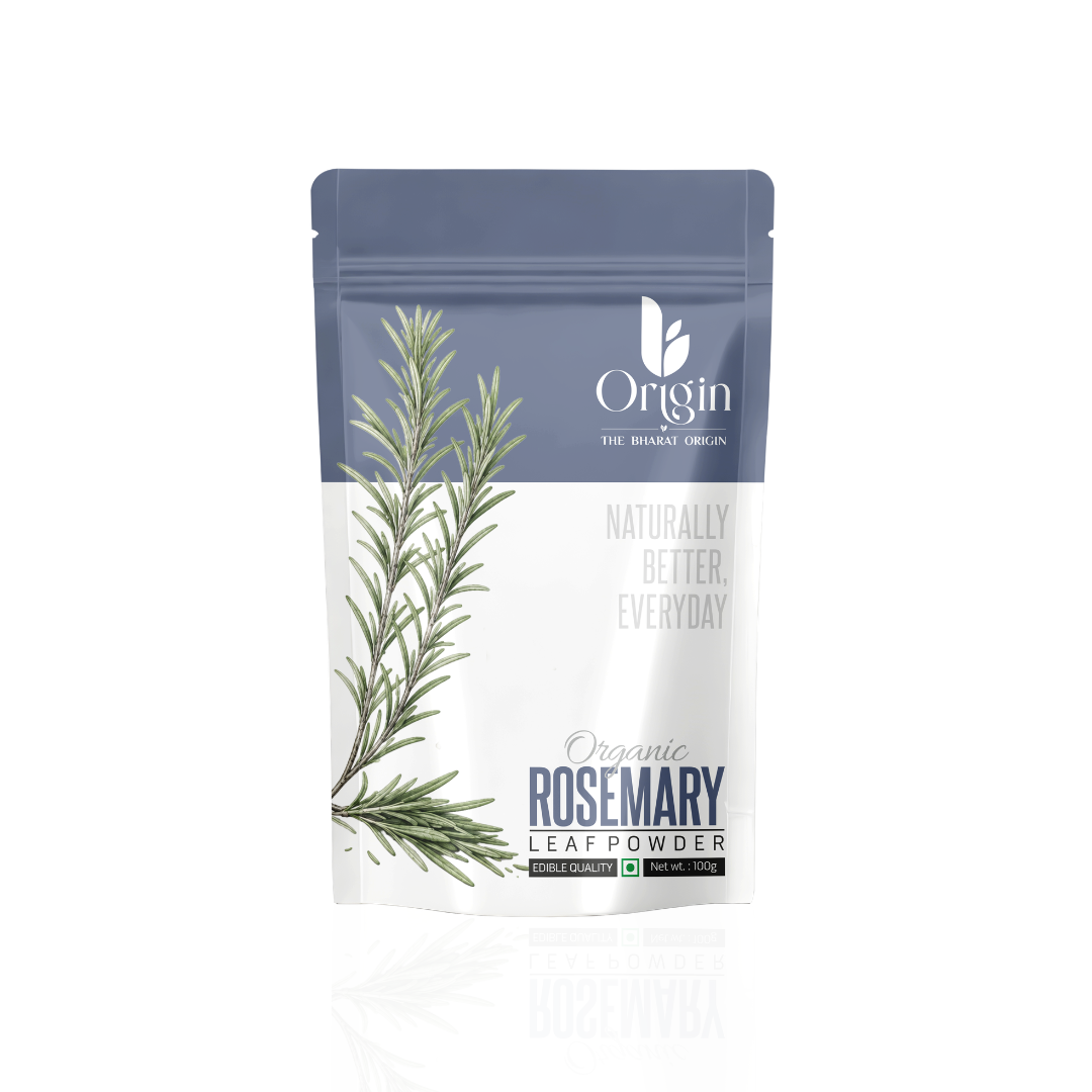 Organic rosemary leaf powder by The Bharat Origin, 100g, featuring fine, green herbal powder in a clear container.