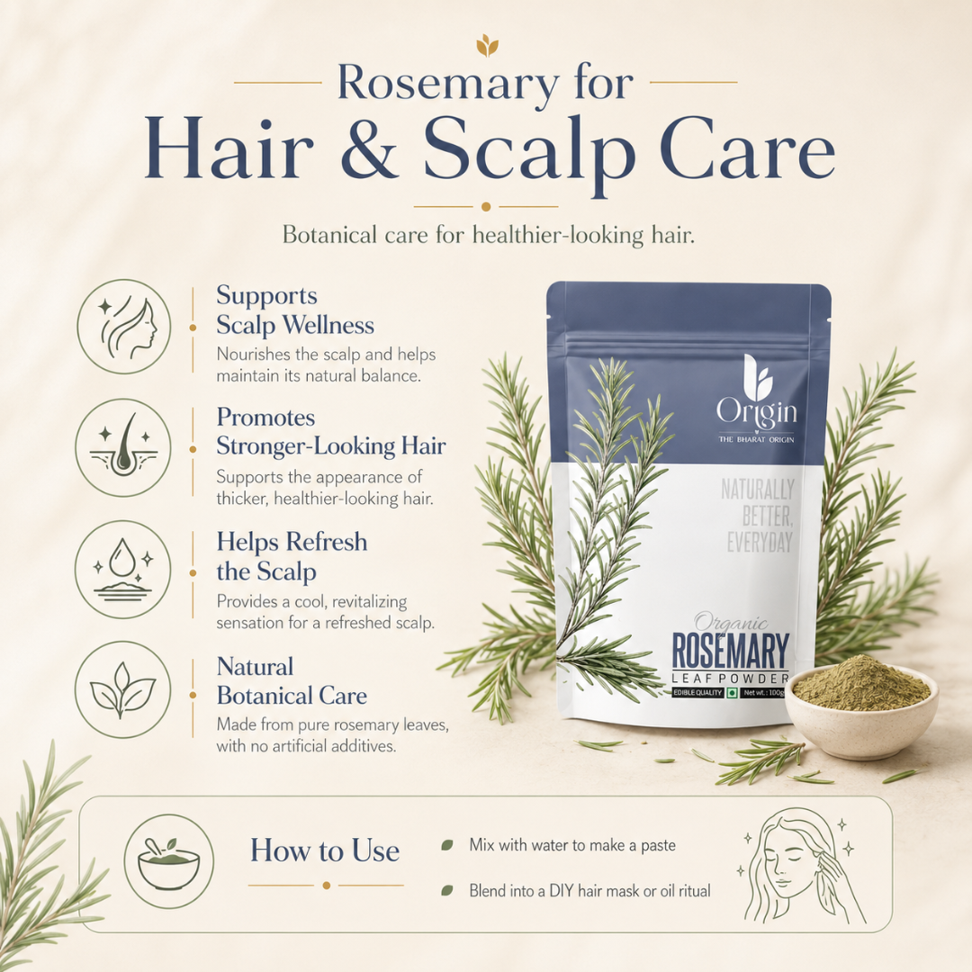 Organic rosemary leaf powder from The Bharat Origin in a 100g package, showing fine green herbal powder in a clear container.