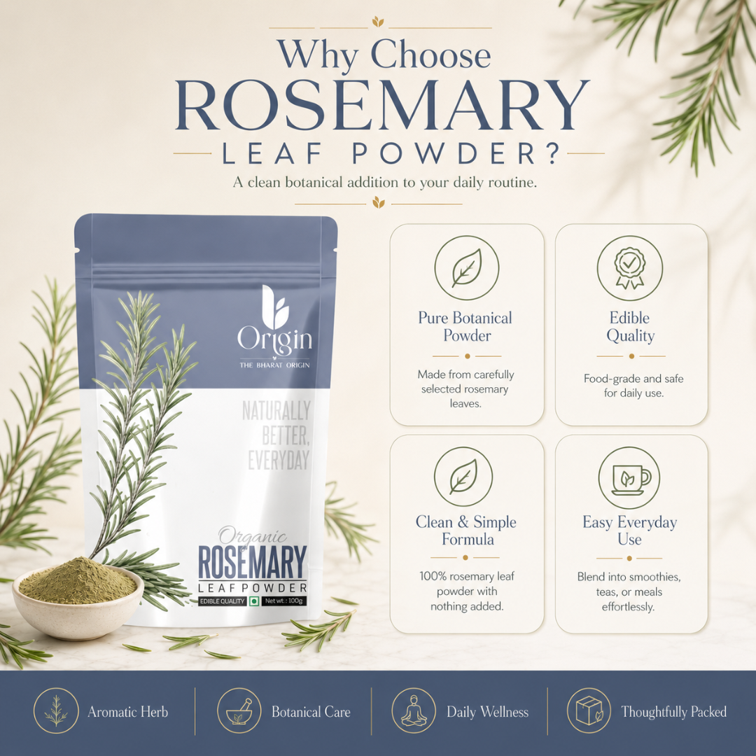 Organic Rosemary Leaf Powder by The Bharat Origin, 100g, showing fine green herbal powder in a clear container.
