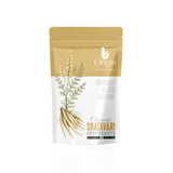 Organic Shatavari Root Powder by The Bharat Origin, 100g, in a clear container showing fine, light brown herbal powder.