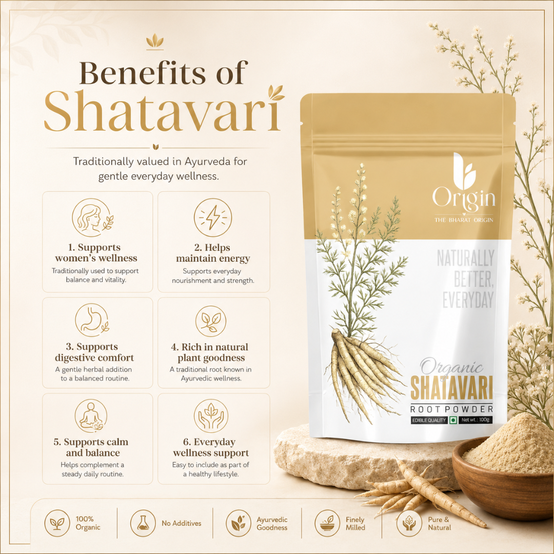 Organic Shatavari Root Powder by The Bharat Origin, 100g, shown in a clear image of dried root powder in a jar.